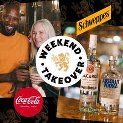 A banner featuring a round, white logo of a golden lion and the words "Weekend Takeover", surrounded by an image of two people in a bar holding drinks, an image of bottles of Bacardi and Absolut Vodka, a circular, red Coca-Cola logo, and the yellow Schweppes logo.