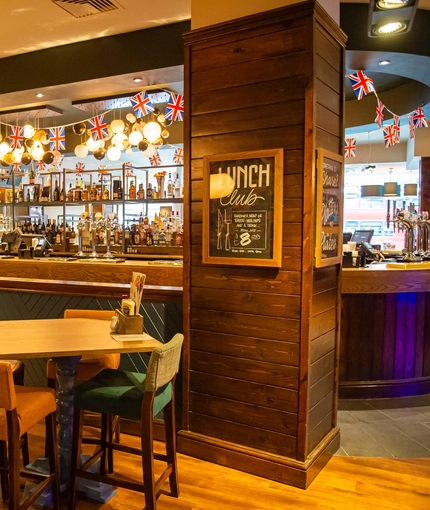 interior restaurant, seating area and a bar