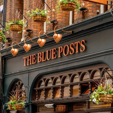 The exterior signage at The Blue Posts.