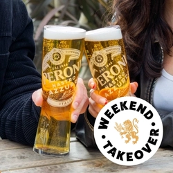 A banner of two pints of Peroni in a cheers position with a 'Weekend takeover' logo for Greene King Belhaven venues.
