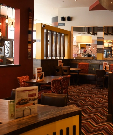 Interior dining area of a pub.