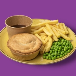A packshot featuring a plated Steak & Ale Pie dish available for delivery from Hungry Horse venues.