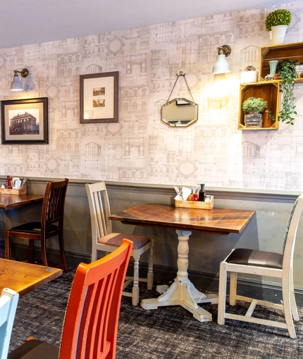 Interior dining area of a pub.