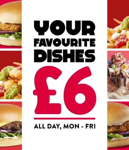 A banner promoting £6 meals at Hungry Horse venues. The banner shows the words "Your favourite dishes £6, all day, Mon - Fri" in between images of nachos, burgers, and a dessert.