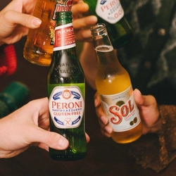 A close up image of 4 friends holding various drinks and celebrating with a cheers within the interior seating area of a Greene King venue.