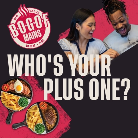 A Banner promoting the 'BOGOF' (Buy-One-Get-One-Free) promo at Flaming Grill venues.