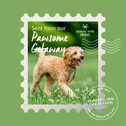 A Hotel Stamps graphic showing a dog walking through grass to advertise locations of Greene King Inns.