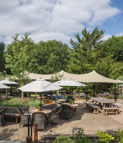 The exterior beer garden seating area at The Crown.