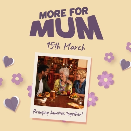 A banner featuring a picture of three people eating dinner in a restaurant, promoting Mother's Day at Farmhouse Inns.