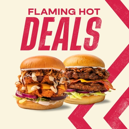 Promotional banner featuring two large burgers on a light beige background with bold red chevron graphics. One burger is topped with pulled meat, bacon, cheese, lettuce, and red onion, while the other is a crispy chicken burger with cheese, sauces, crispy onions, lettuce, and red onion. Large red text reads “Flaming Hot Deals.”