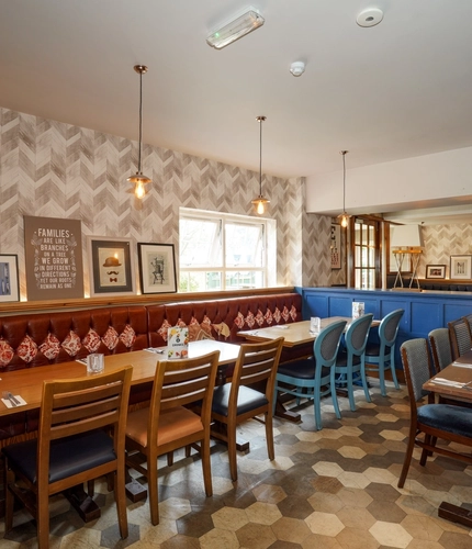 Interior dining area of a pub.