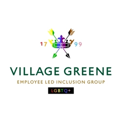 Logo featuring a multicoloured crown and crossed arrows marked ‘1799’ above the words ‘Village Greene’ in dark green capital letters. Below, the phrase ‘Employee Led Inclusion Group’ appears in gold. At the bottom is a small black rectangle displaying the letters ‘LGBTQ+’ in rainbow colours.