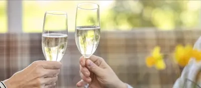 two women cheering with a glass of wine