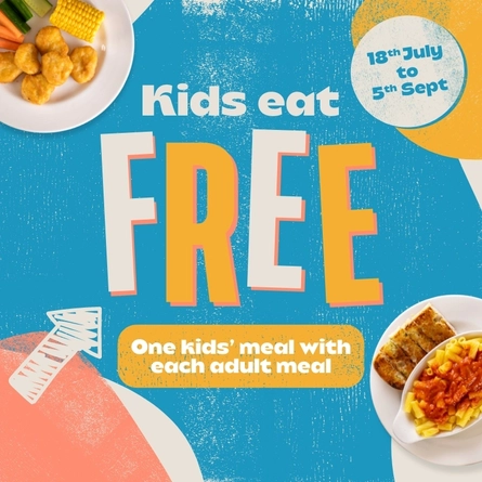 A banner promoting 'Kids-Eat-Free' at Flaming Grill venues.