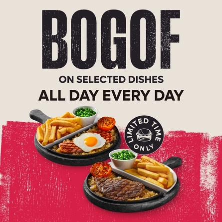 A Flaming Grill banner promoting the BOGOF deal on selected dishes at Flaming Grill venues.