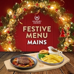 A banner promoting Festive Mains at Hungry Horse venues.