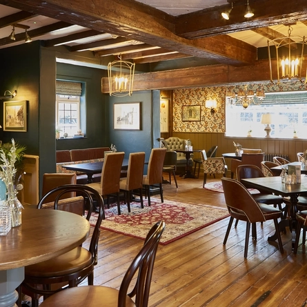 The interior restaurant and seating area at The Drum and Monkey.