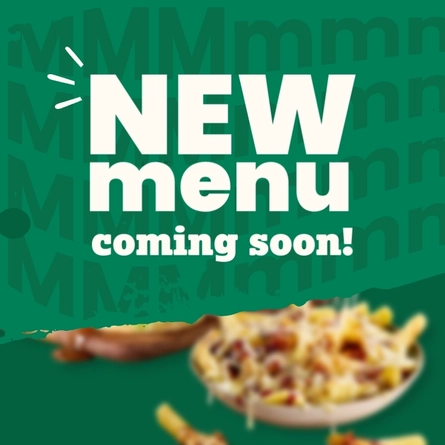 A banner showing the words "New Menu Coming Soon!" above a blurred image of food, on a green background.