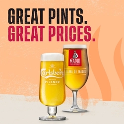 A banner featuring Carlsberg and Madri served in stemmed pint glasses, below the words "Great Pints, Great Prices", on a beige and orange background.