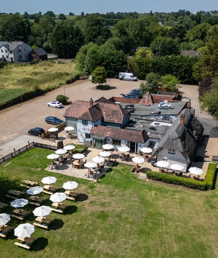 An aerial view of the Three Horse Shoes.