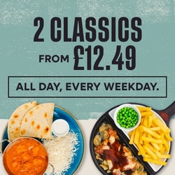 A graphic banner promoting classics at Flaming Grill venues '2 classics from £ all day every weekday.'