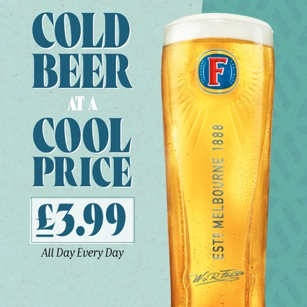 A graphic promoting Fosters for £3.99.