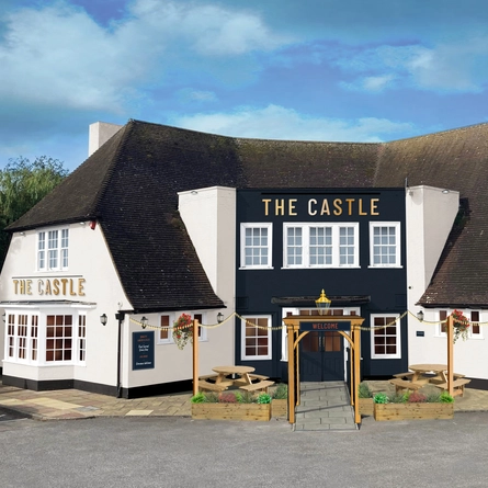 A render of the outside of a pub.