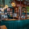 The wood panelled bar and interior restaurant seating area of The Fountains Abbey, with metal and wooden tables, upholstered seats, a TV on the wall and plants hanging above the bar.