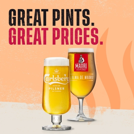 A banner featuring Carlsberg and Madri served in stemmed pint glasses, below the words "Great Pints, Great Prices", on a beige and orange background.