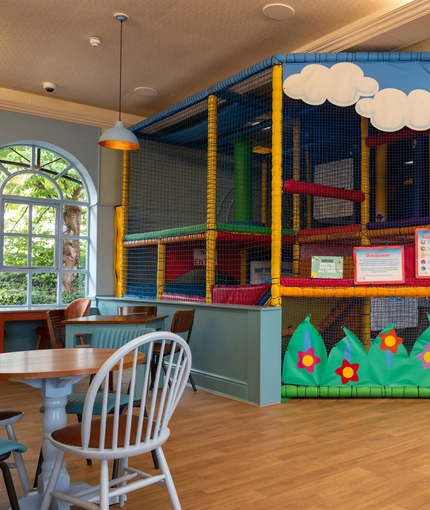 The children's seating area and play area at the Wacky Warehouse at The Stanley Ferry.