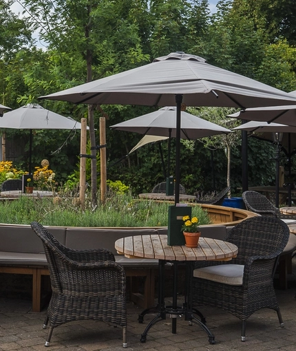 The exterior beer garden seating area at The Crown.