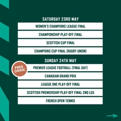 A banner displaying televised Sports events during May being shown at selected Greene King Sport venues.