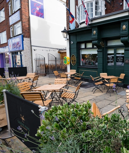 External view of a pub and beer garden