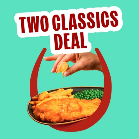 A graphic banner promoting 'two classics deal' Monday-Friday at Hungry horse venues.