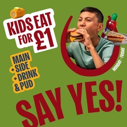 A banner promoting a Kids Eat for £1 at Hungry Horse venues.