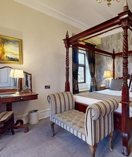 A hotel room inside The Rothley Court Hotel.