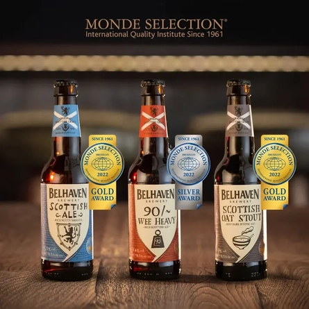 Three bottles of award winning Belhaven beer