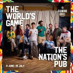 A banner promoting the Football World Cup at selected Greene King and Flaming Grill venues.