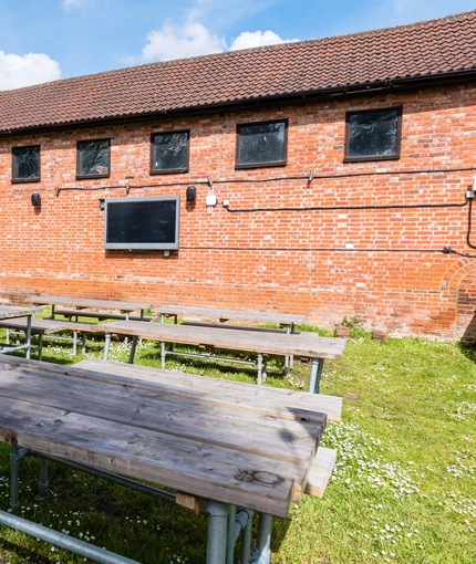 exterior of the venue with beer garden