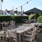 Exterior beer garden of a pub with a seating area.