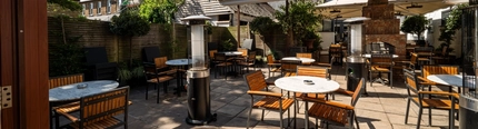 The exterior beer garden seating area