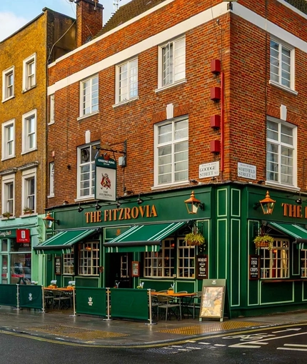 The exterior facade with seating area at the Fitzrovia.