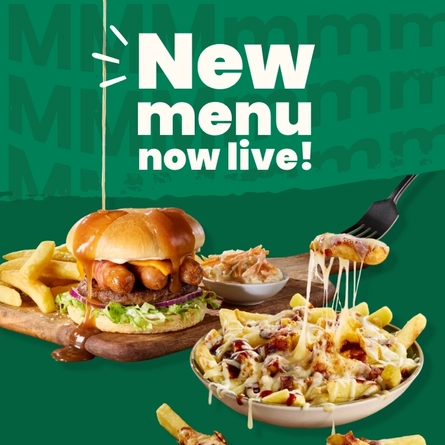 A banner showing the words "New menu now live!" above images of a burger, chips, coleslaw, and loaded fries; on a green background.