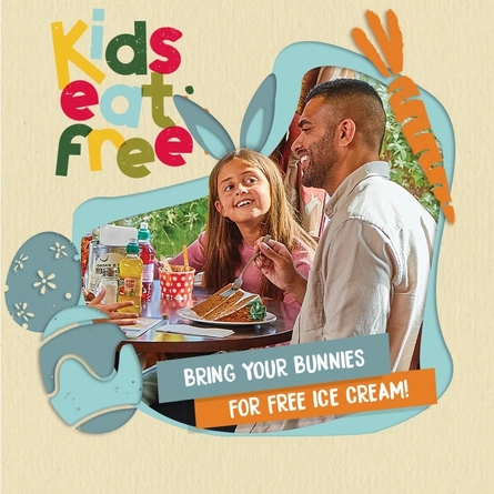 A banner promoting 'kids eat free' in Easter at Farmhouse Inns.