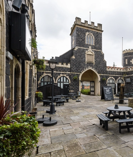 exterior of the venue and a beer garden