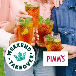 A banner featuring an image of four hands each holding a cocktail garnished with fruit and mint leaves. The circular Weekend Takeover white logo with a green crown in the middle, and the red and white Pimm's logo sit at the bottom of the banner.