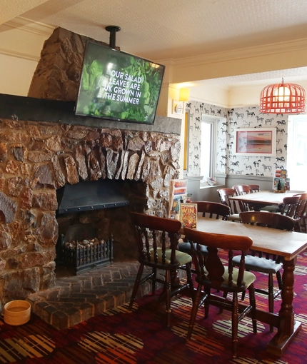 Interior dining area of a pub with a fireplace, a TV and a gambling machine.