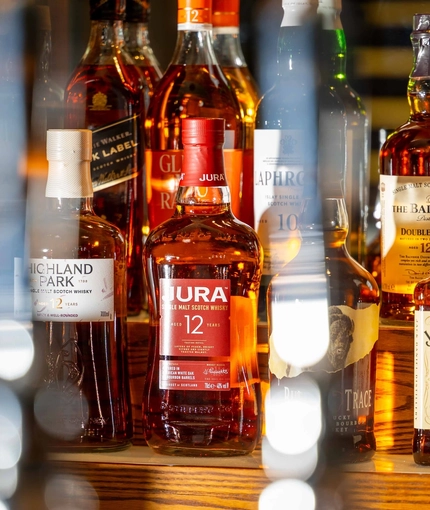 The interior bar focusing on the Whiskey selection including Jack Daniels and Jura available at the Armstrongs.