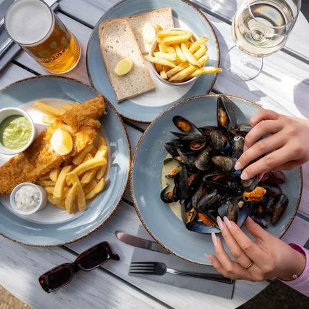 Close up of food presented on a beer garden table