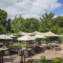 The exterior beer garden seating area at The Crown.